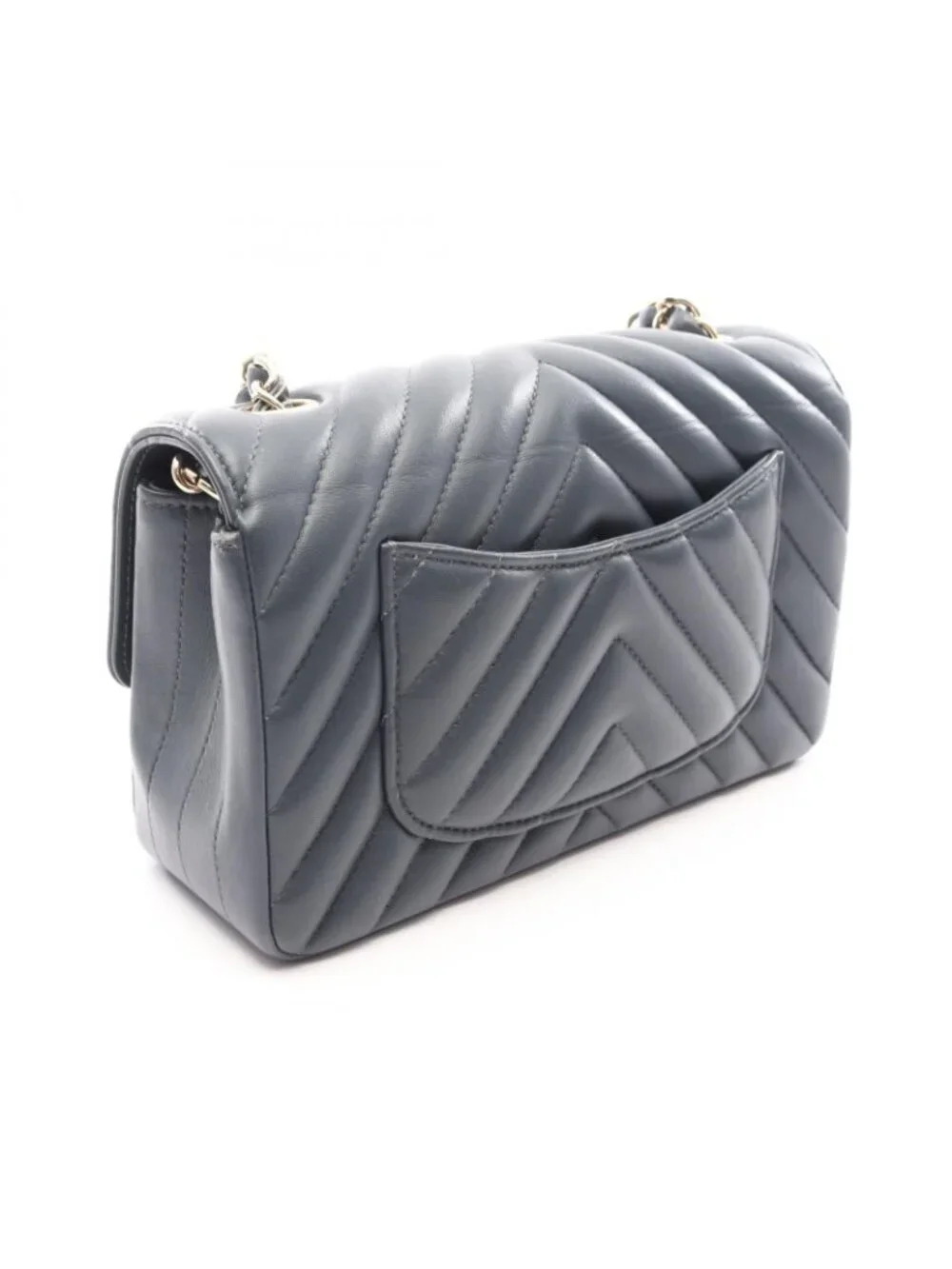 Chanel Shoulder Bag Chevron V-Stitch Mini 20 Charcoal Gray Leather Small Chain